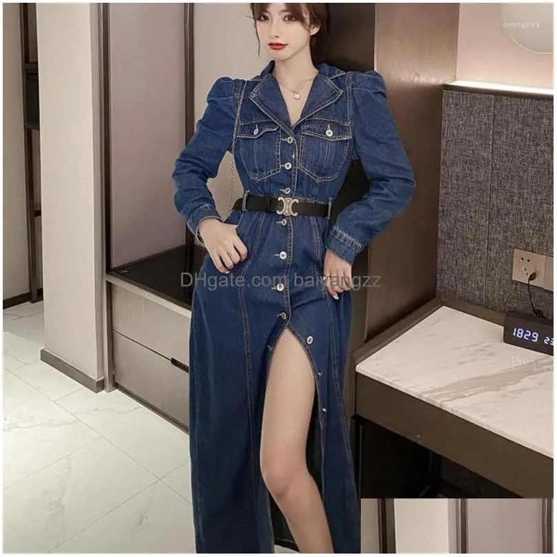 Basic Casual Dresses Fall Single-Breasted Waist Denim Long Dress Women Lapel Sleeve  Korean Elegant Ol Jean Robe Streetwear D Dhxrg