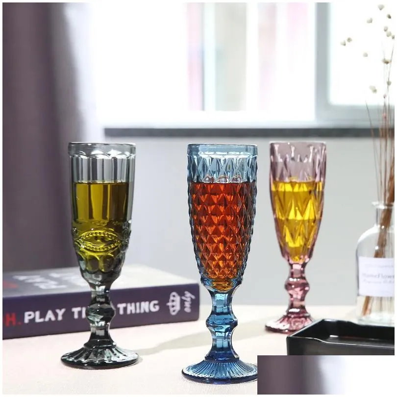 Wine Glasses European Style Embossed Champagne Stained Glass Beer Goblet Vintage Household Juice Drinking Cup Cocktail Drop Delivery H Dhfxs