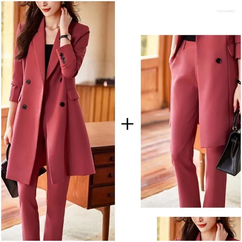 Womens Two Piece Pants 2023 Autumn Winter Mid Length Suit Windbreaker Fashion Pink High End Feel Slim Style Professional Coat S-4Xl Dhq3K