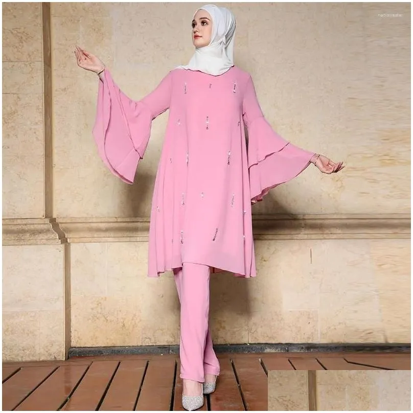ethnic clothing muslim abaya for woman pink hand sewn drill lotus sleeve two piece set khimar islam malaysia baju kurung