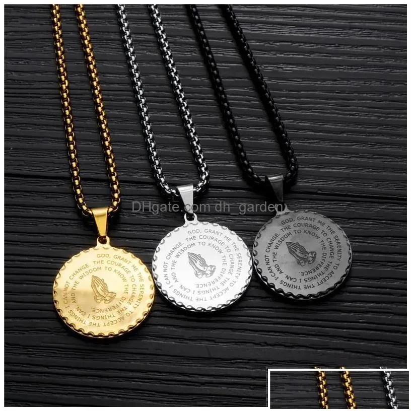 Pendant Necklaces Bible Verse Prayer Stainless Steel The Praying Hands Coin Medal Necklace Christian Uni Jewelry Giftz Drop Dhgarden