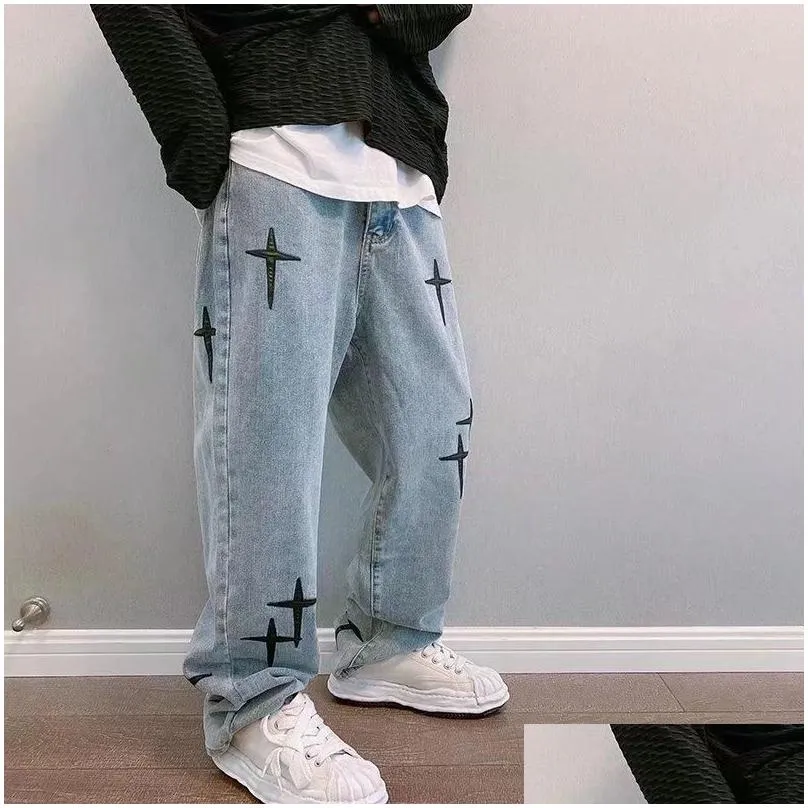 Mens Jeans Cross Embroidery Retro Washed Men Baggy Jean Trousers Vibe Style Hip Hop Died Vintage Denim Pants Pantalons Capris Drop D Dhby2