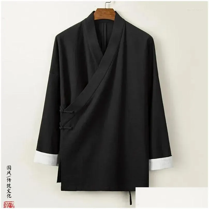 ethnic clothing chinese style mens cotton and linen colour blocking jacket retro hanfu tops long sleeve meditation 2023 casual shirt