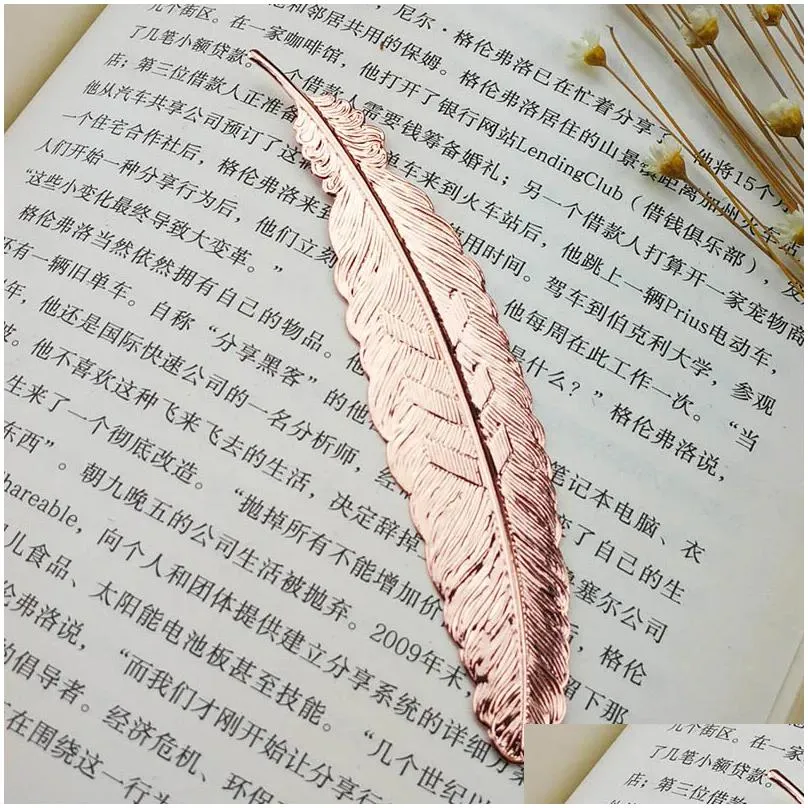 wholesale diy metal feather bookmarks document book mark label golden silver rose gold bookmark office school supplies