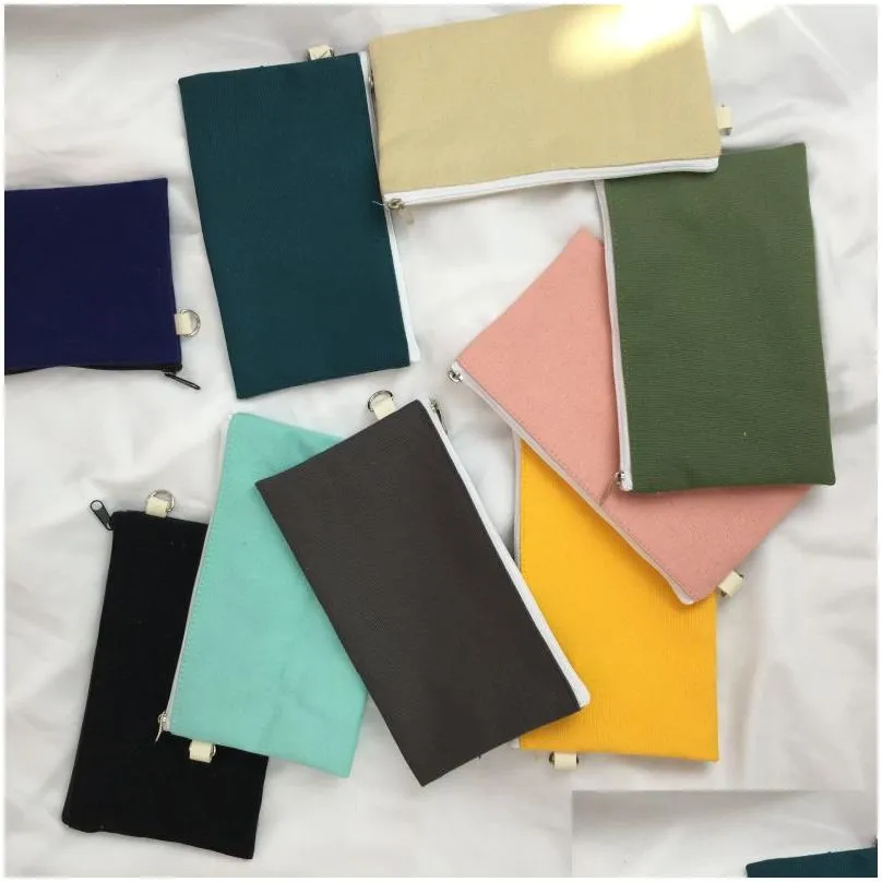 wholesale simplicity blank canvas zipper pencil cases bags pen pouches cotton cosmetic makeup mobile phone clutch bag