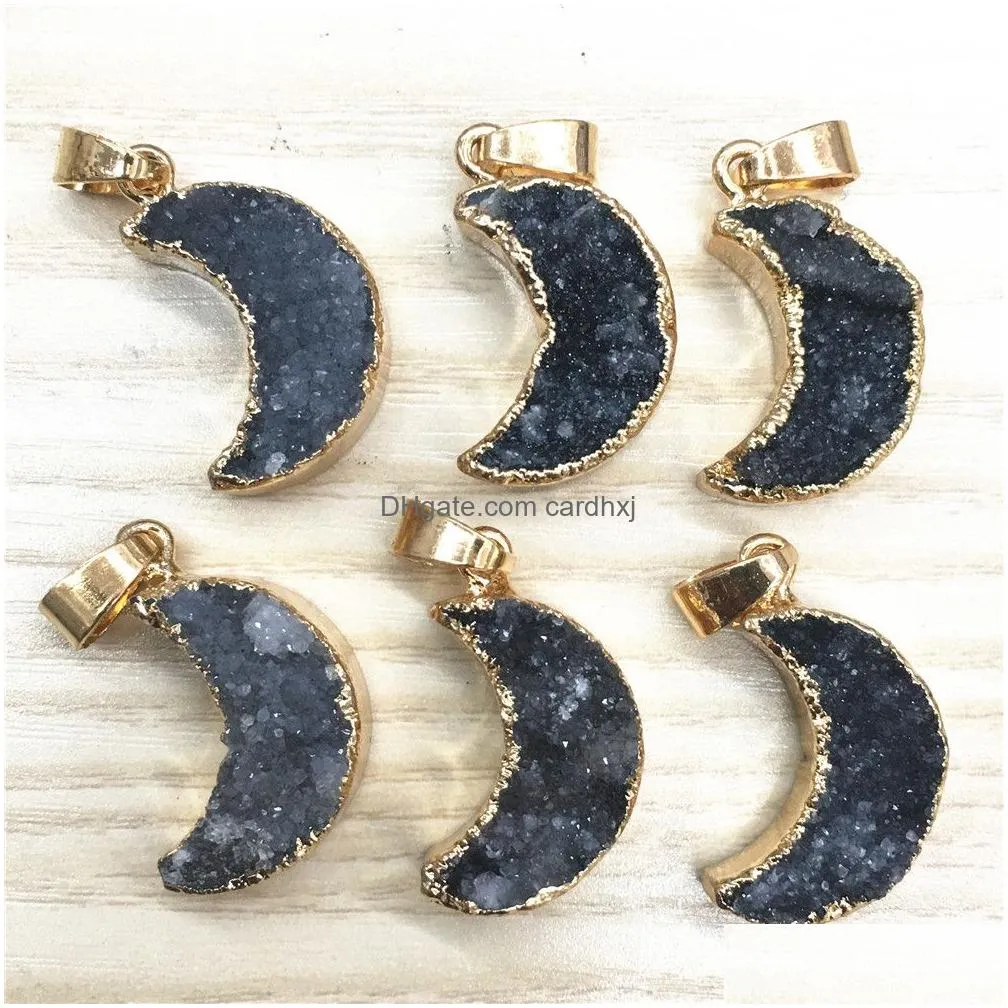 Pendant Necklaces New Natural Stone Gray Agates Druzys Drusy Pendants Moon Charms For Women Men Uni Jewelry Necklace Making 6Pcs Whole Dhdjg