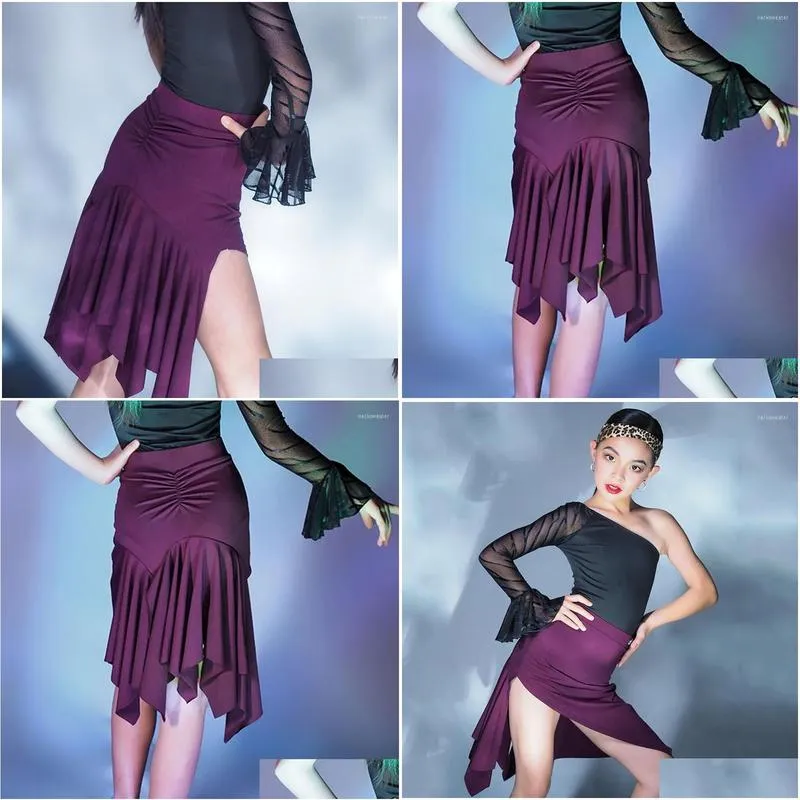 stage wear purple latin dance skirt for girls latina practice falbala costume ballroom salsa clothes jl1678