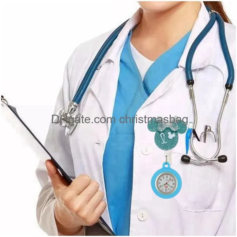 lovely cartoon shiny pvc stethoscope bowknot pattern nurse doctor retractable pocket watches hospital medical clips gift clocks