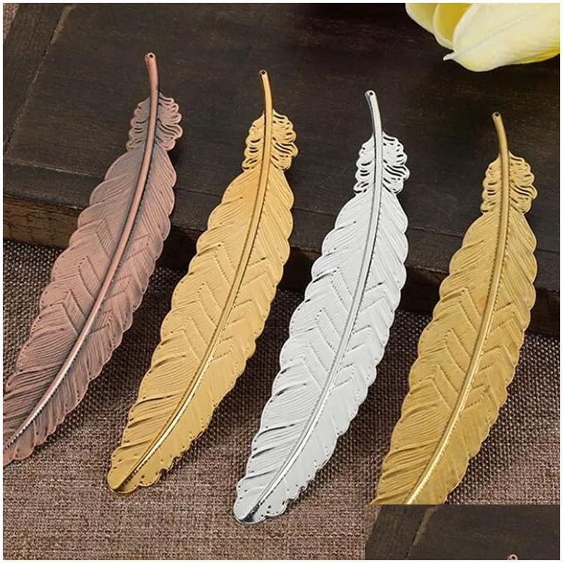 wholesale diy metal feather bookmarks document book mark label golden silver rose gold bookmark office school supplies