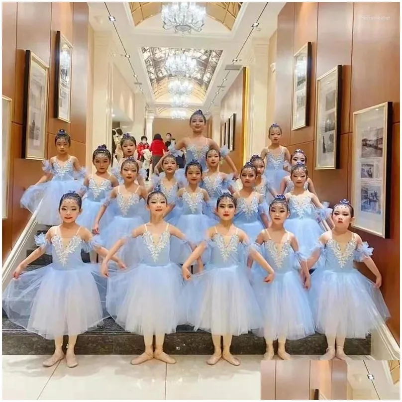 stage wear 2023 blue ballerina dress girls ballet skirt long dance for children women performance costumes sling belly