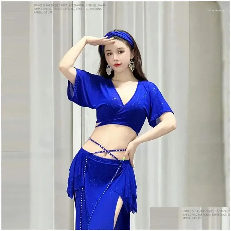 stage wear belly dance suit printing mesh top short sleeves split skirt practice clothes set female elegant performance clothing