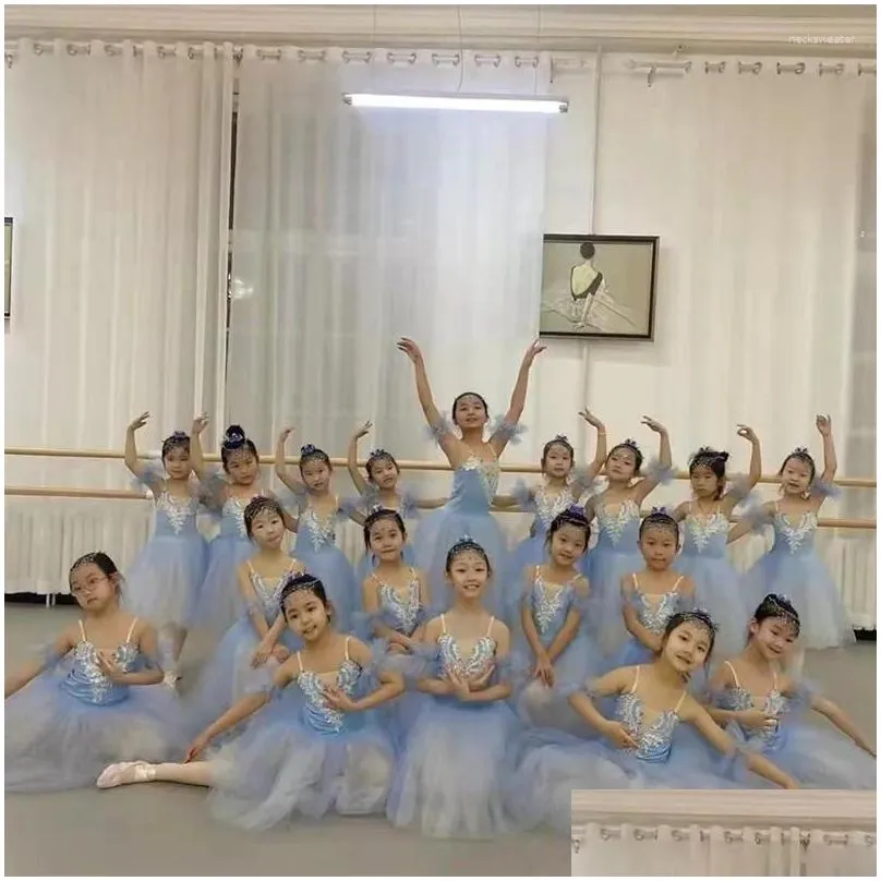 stage wear 2023 blue ballerina dress girls ballet skirt long dance for children women performance costumes sling belly