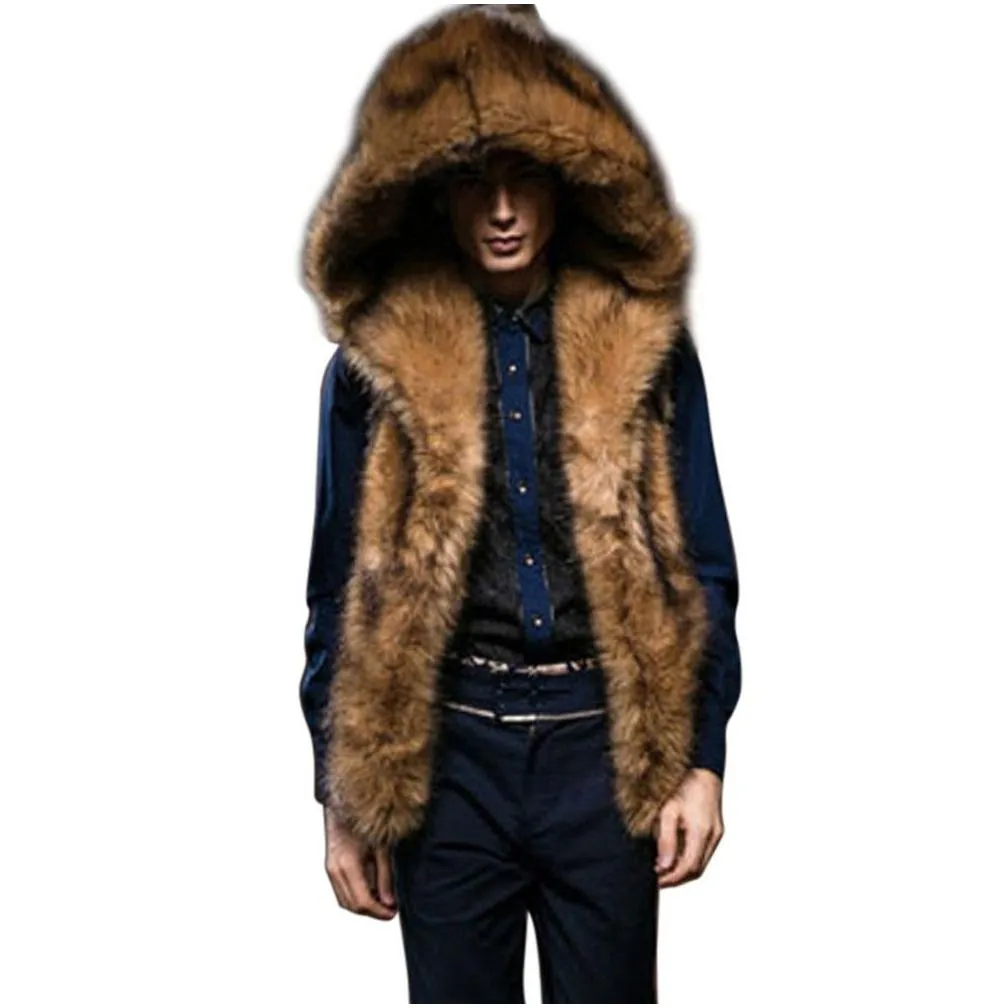 winter mens luxury fur vest warm sleeveless jackets plus size hooded coats fluffy faux fur jacket chalecos de hombre