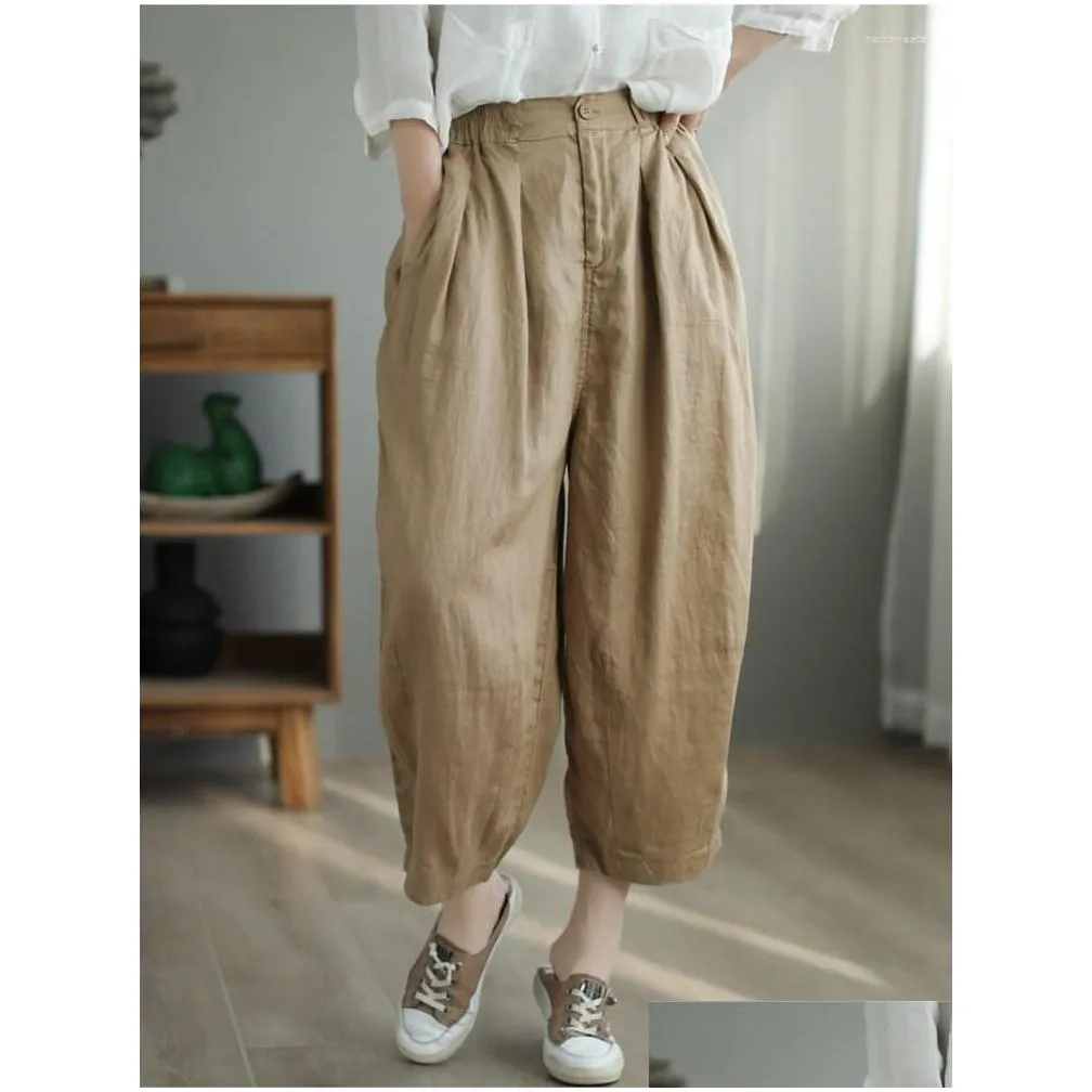 womens pants female flax harem spring summer retro loose solid color casual trousers 2023 original ladies elastic waist ankle-length