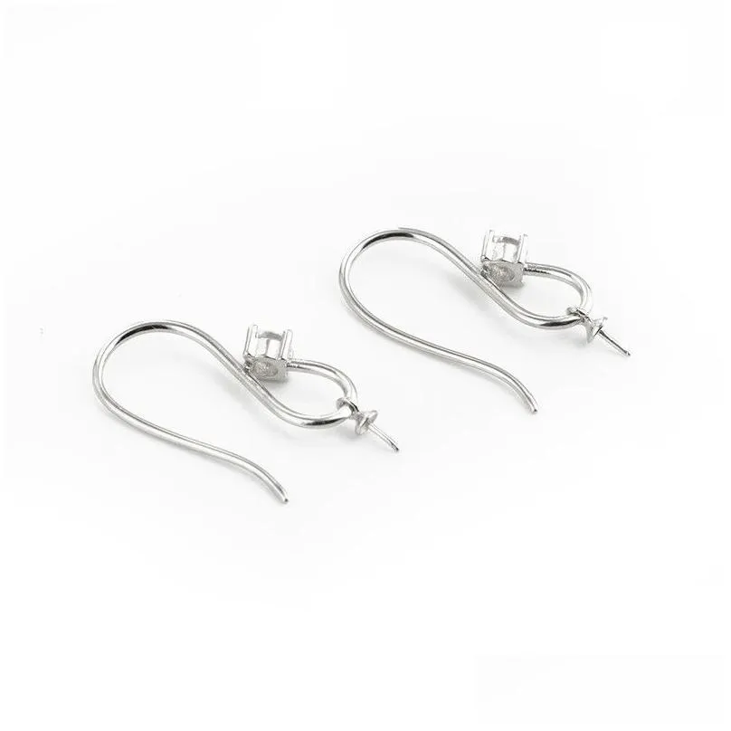 Earring Settings 925 Sterling Silver Zircon Fishhook with Bead Cap for Half Drilled Pearls 5 Pairs