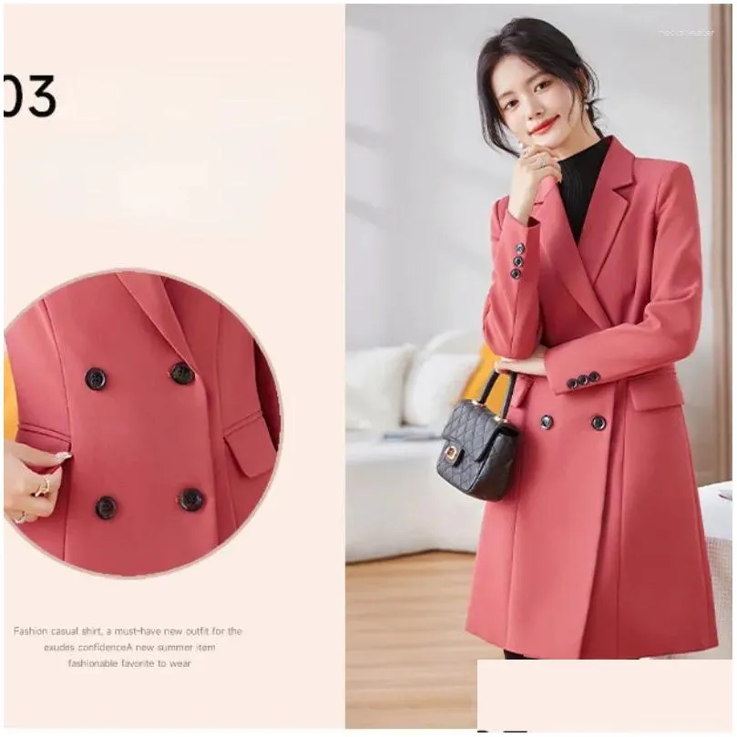 Womens Two Piece Pants 2023 Autumn Winter Mid Length Suit Windbreaker Fashion Pink High End Feel Slim Style Professional Coat S-4Xl Dhq3K