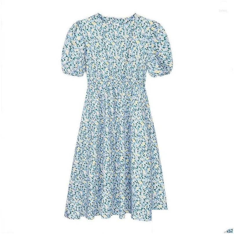 Casual Dresses Little  Bubble Sleeve Fragmented Flower Dress Womens Summer 2023 French First Love Gentle Style Long Skirt Y2k