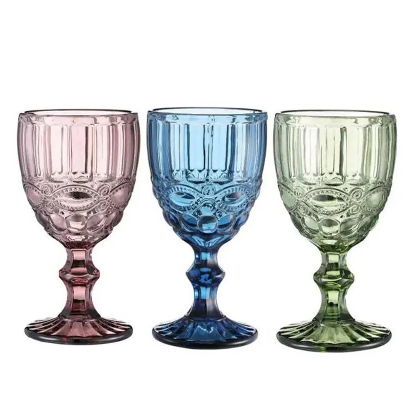 Wine Glasses European Style Embossed Glass Stained Beer Goblet Vintage Household Juice Drinking Cup Thickened Drop Delivery Home Garde Dhbh2