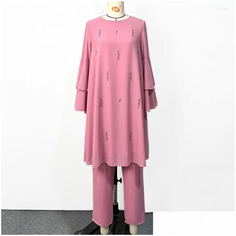 ethnic clothing muslim abaya for woman pink hand sewn drill lotus sleeve two piece set khimar islam malaysia baju kurung