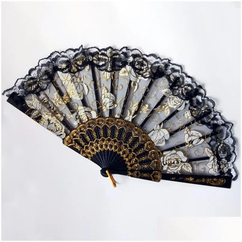 Arts And Crafts Lace Dance Fan Show Craft Folding Fans Rose Flower Design Plastic Frame Silk Hand 10 Colors Drop Delivery Home Garden Dhebk