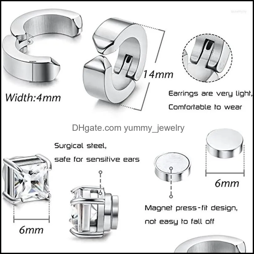 Clip-On & Screw Back Backs Earrings 6 Pairs Stainless Steel Magnetic Stud For Men Women Hoop Clip On Cz Non-Piercing All Ages Qiqi Dr Dhief