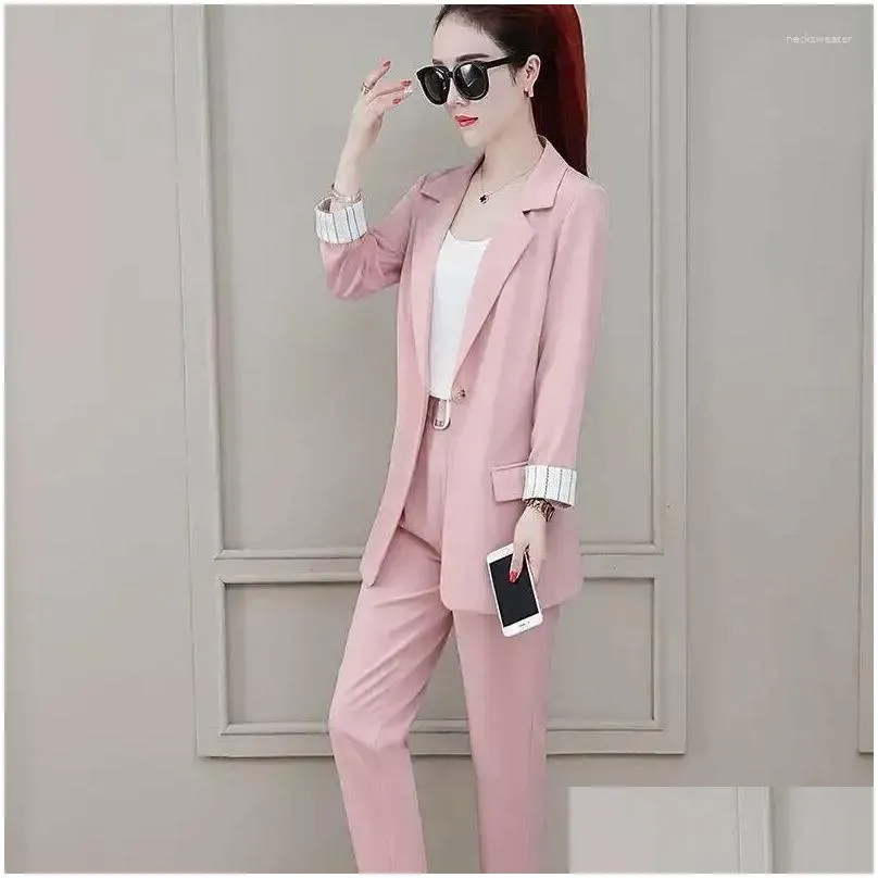 Womens Two Piece Pants Set For Women Professional Trouser Suit Blazer And 2 Pant Sets Top Outfit Wear To Work Office Pink Drop Deliv Dhwnu