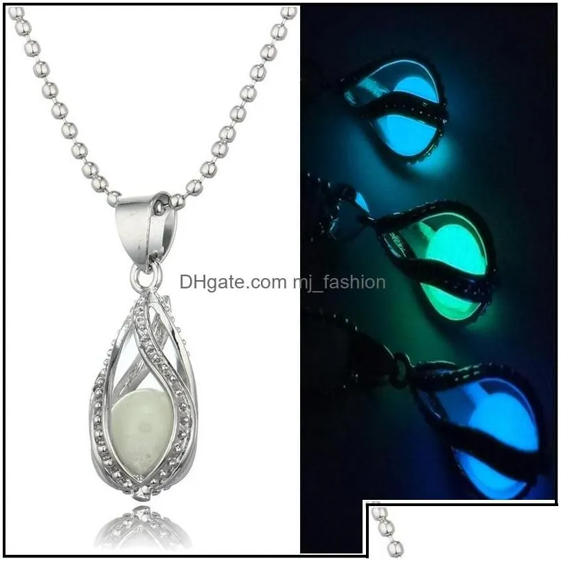 Lockets Glow In The Dark Pearl Cage Pendant Necklaces Open Hollow Luminous Water Drop Charm Locket Bead Chain For Women S Fashion Je