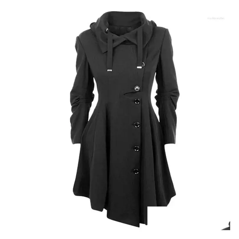 Womens Trench Coats Goth Overcoat Coat 2023 Gothic Long Slim Asymmetric Lapel Collar Button Elegant Y2K Streetwear Egirl Vintage Dro Dhyaj