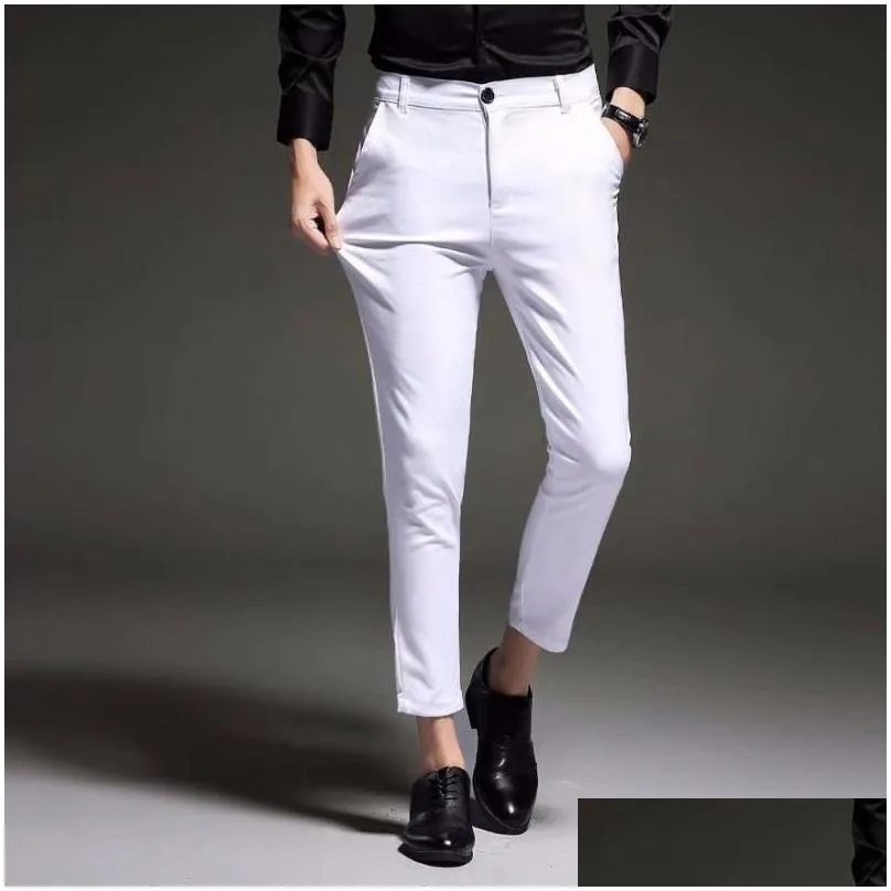 mens slim fit business dress pants ankle length summer formal suit trousers black white blue