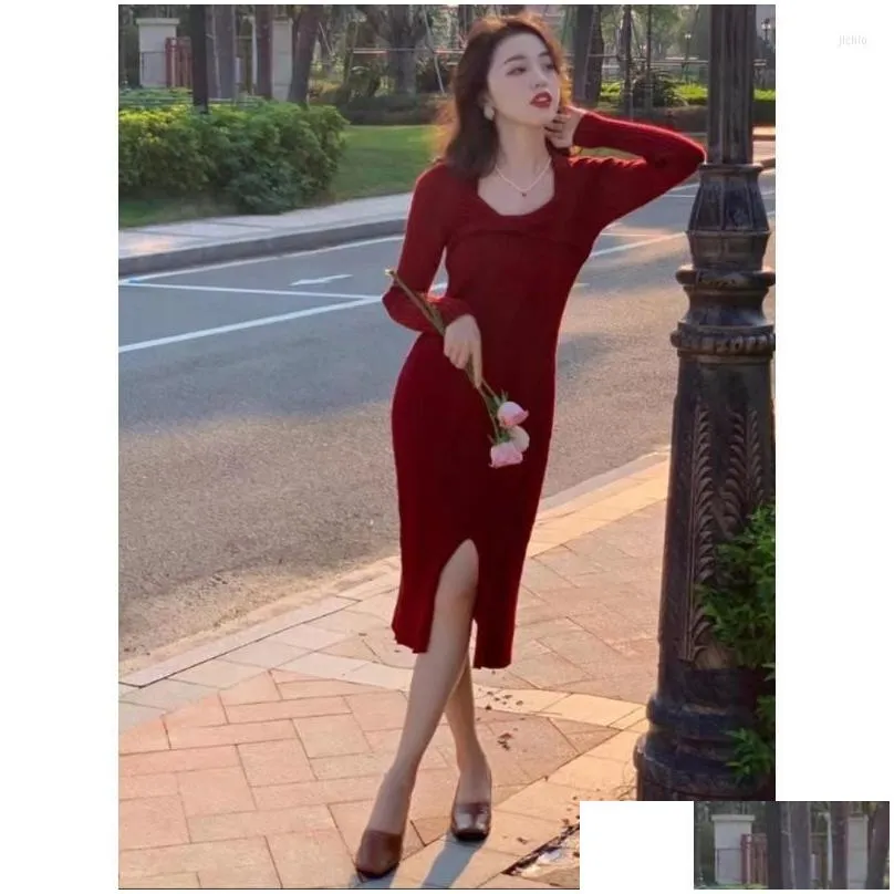 Casual Dresses Womens Autumn And Winter French Retro Knitted Dress For Women Slim Medium Length With Coat Skirt