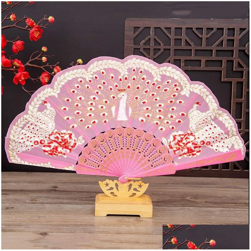 Arts And Crafts Chinese Style Folding Fans Classical Festival Performance Dance Fan Summer Peacock 42X23Cm Drop Delivery Home Garden Dhada