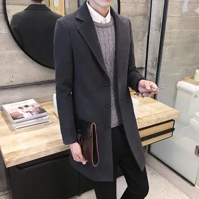 Wholesale- autumn winter men fashion single breasted Trench coat Wool Blends young men casual Wool Blend
