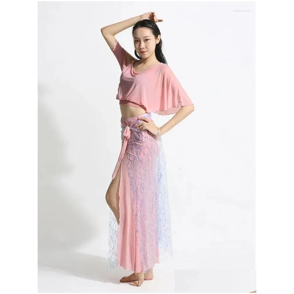 stage wear belly dance training suit for women dancing short sleeves tassel skirt 2pcs girl group oriental clothing outfit