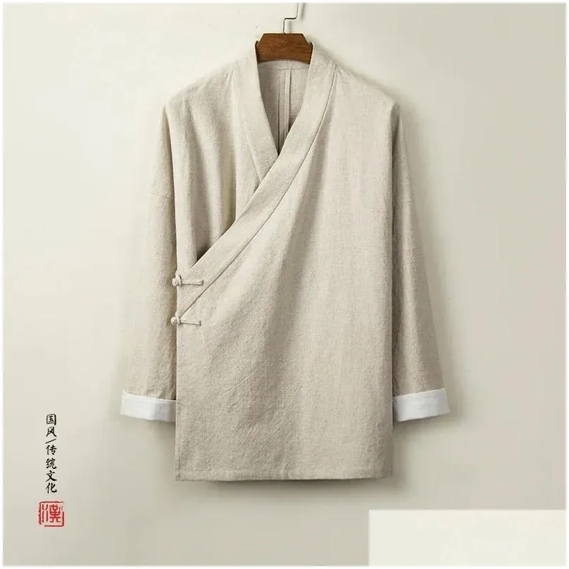 ethnic clothing chinese style mens cotton and linen colour blocking jacket retro hanfu tops long sleeve meditation 2023 casual shirt