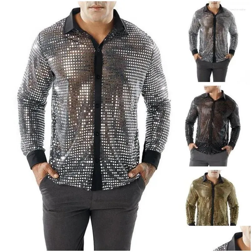 mens casual shirts men shirt club vintage 70s sequin lapel disco shiny slim fit performance attire for parties with long