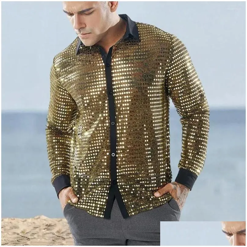 mens casual shirts men shirt club vintage 70s sequin lapel disco shiny slim fit performance attire for parties with long