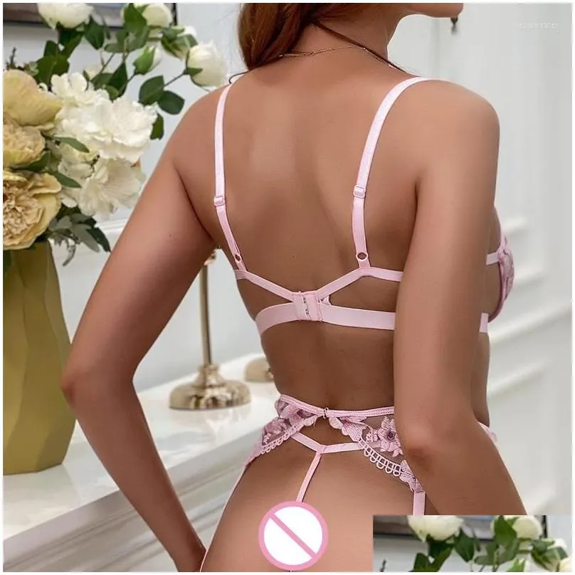 bras sets women sexy lingerie set lace underwear 3-piece hollow perspective bra panty thong pink push-up chest top