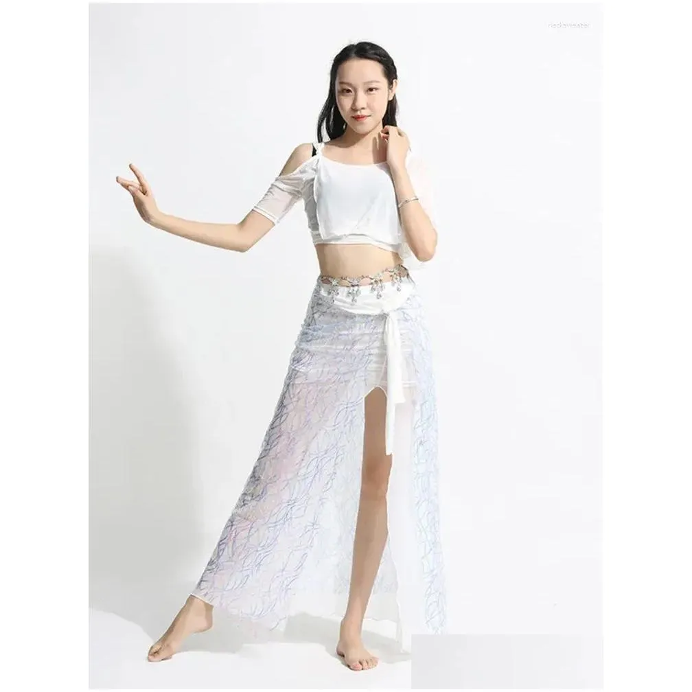 stage wear belly dance training suit for women dancing short sleeves tassel skirt 2pcs girl group oriental clothing outfit
