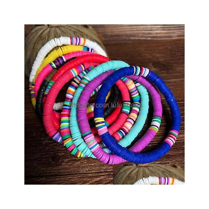 Beaded Handmade Rainbow Bead Bracelet Colorf Polymer Clay Disc Beads Bracelets Boho Surf Stackable Stretch Charm Jewelry For Women D