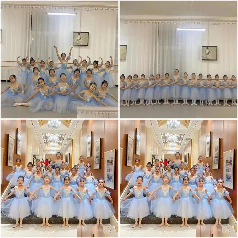 stage wear 2023 blue ballerina dress girls ballet skirt long dance for children women performance costumes sling belly