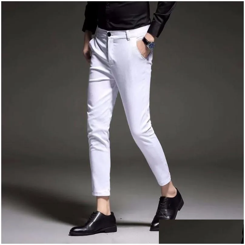 mens slim fit business dress pants ankle length summer formal suit trousers black white blue