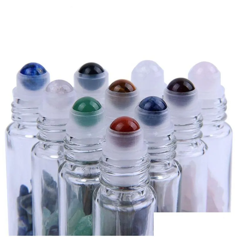 wholesale 10ml natural stones ssential oil bottles gemstone roller ball bottles clear glass healing crystal chips 10 colors