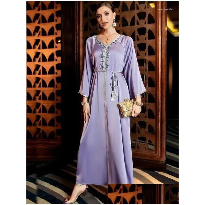 ethnic clothing satin ramadan party dress for women mulsim abaya v neck diamond jalabiya maxi robe moroccan caftan 2023