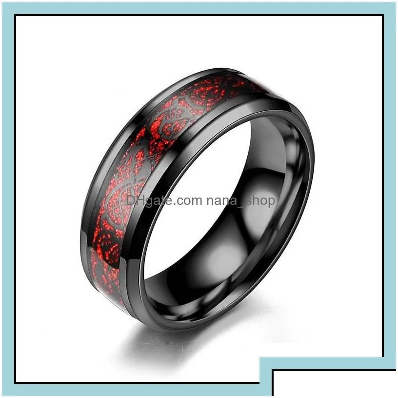 Band Rings Fashion 8Mm Wedding Ring For Men Women Retro Celtic Dragon Inlay Red Carbon Fiber Size 613 Drop Delivery Jewelry Otsud