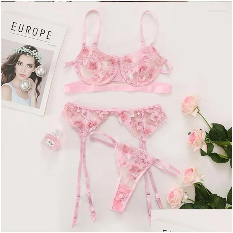 bras sets women sexy lingerie set lace underwear 3-piece hollow perspective bra panty thong pink push-up chest top