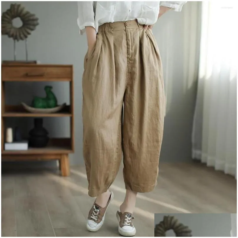 womens pants female flax harem spring summer retro loose solid color casual trousers 2023 original ladies elastic waist ankle-length