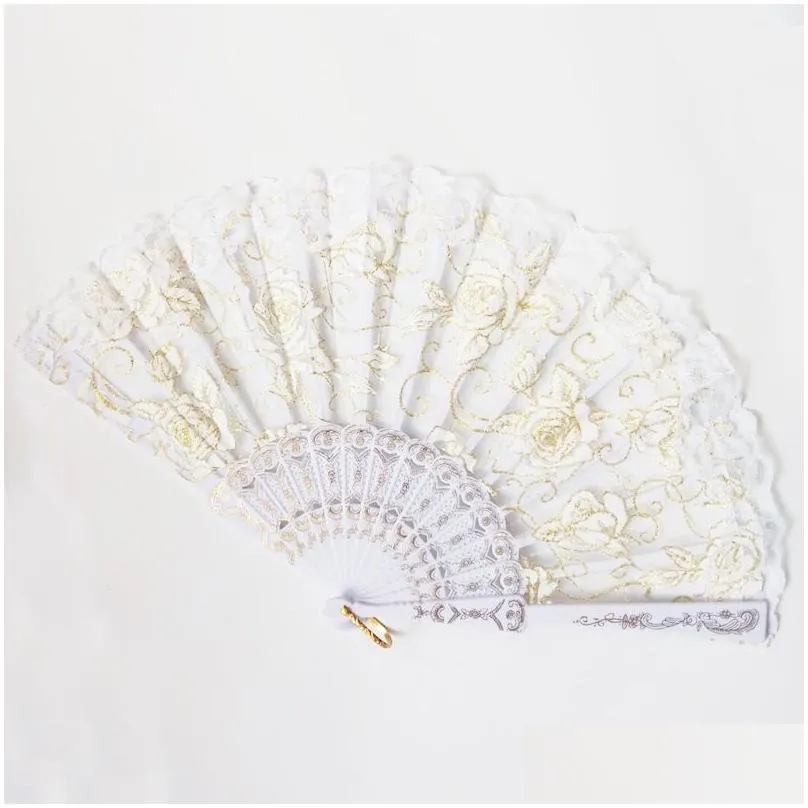 Arts And Crafts Lace Dance Fan Show Craft Folding Fans Rose Flower Design Plastic Frame Silk Hand 10 Colors Drop Delivery Home Garden Dhebk