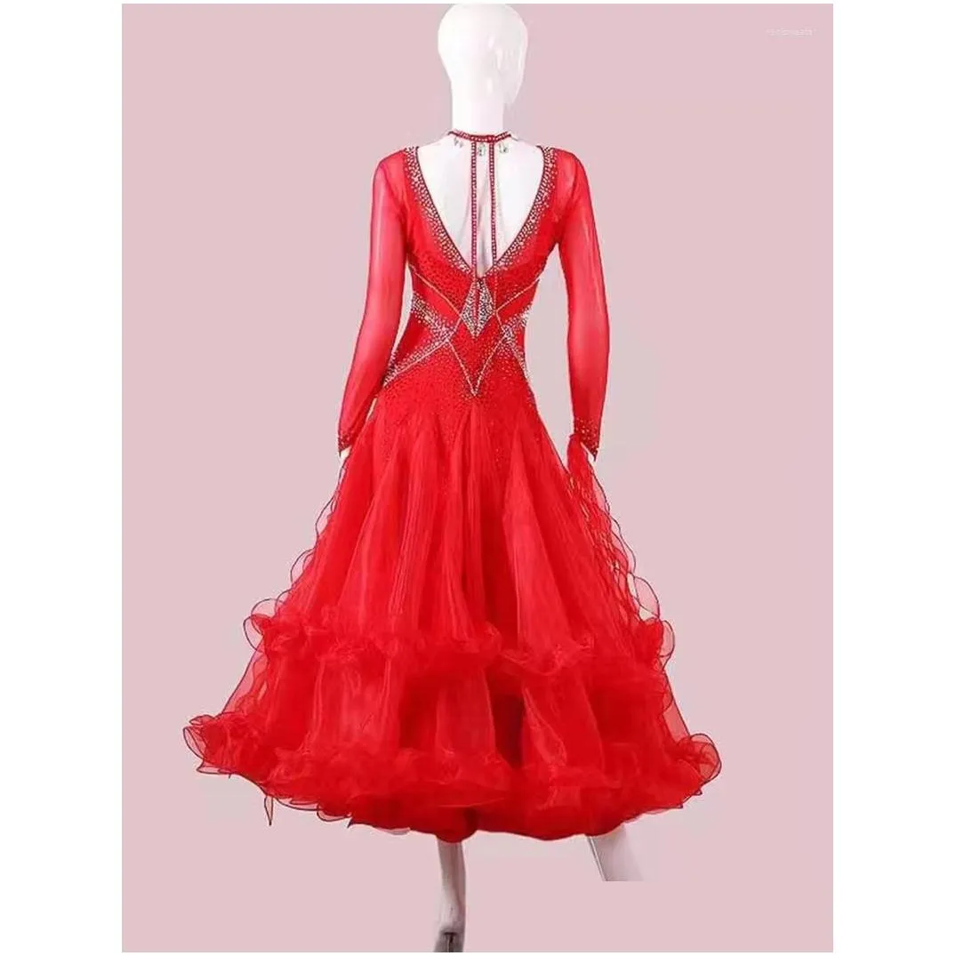 stage wear ballroom competition dance dresses women red color elegant waltz skirt customization standard dancing dress