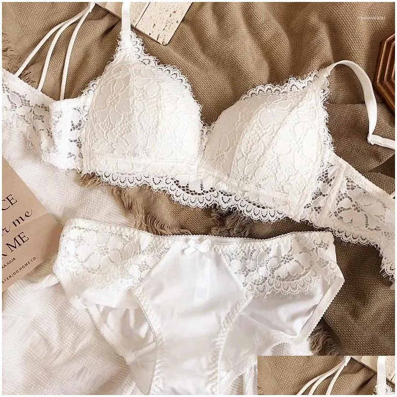 bras sets gathering triangle cup bra set without steel ring girls women underwear lace brassiere on thin under thick small chest