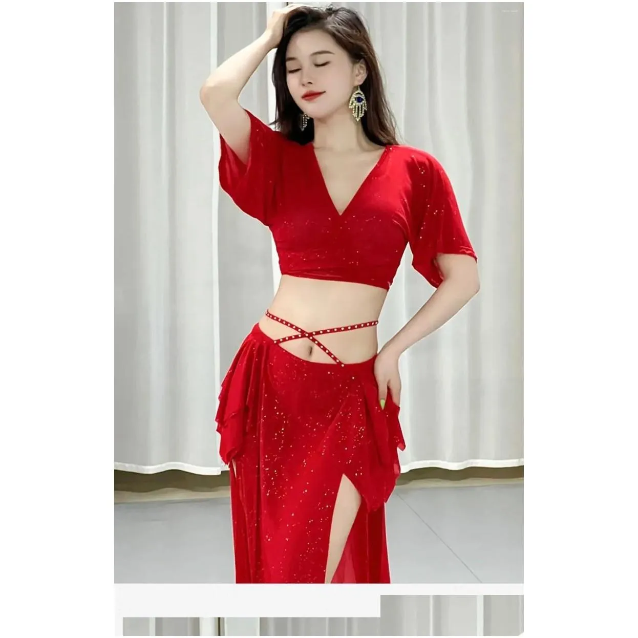 stage wear belly dance suit printing mesh top short sleeves split skirt practice clothes set female elegant performance clothing